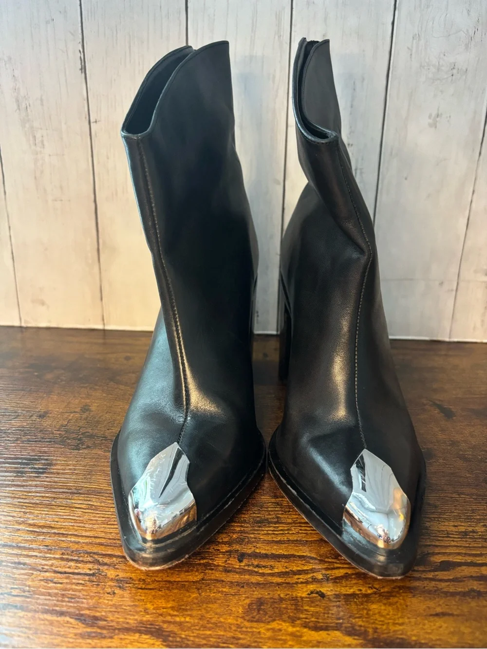 SCHUTZ Black Leather Ankle Boots with Silver Toe Cap